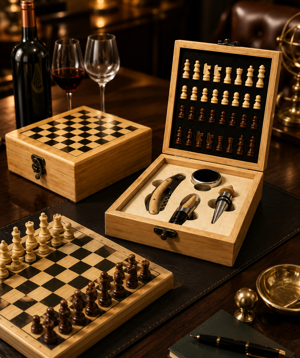 Boardroom Bamboo Chess and Wine Set