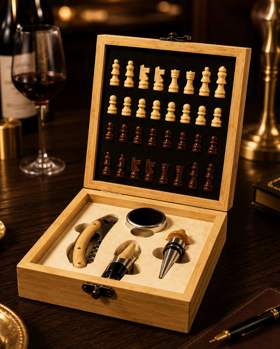 Boardroom Bamboo Chess and Wine Set